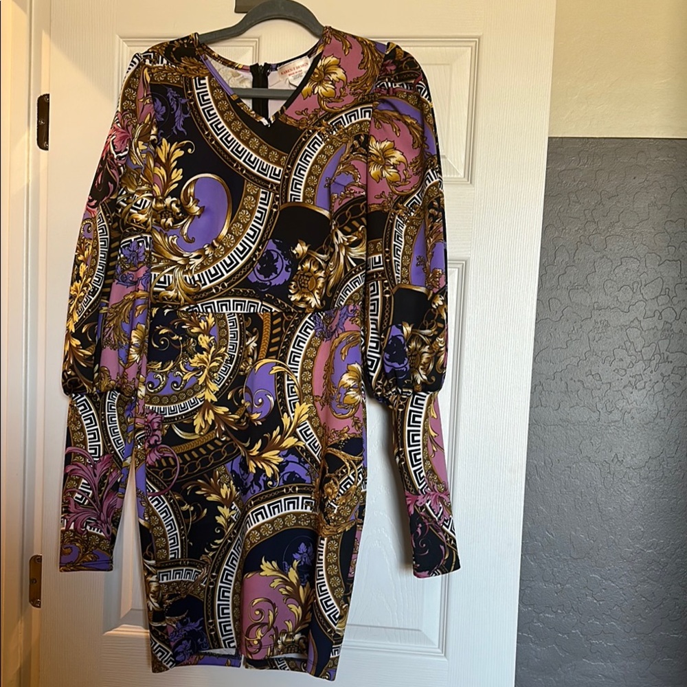 Purple and Black V-Neck Bodycon Dress with Bishop Sleeves